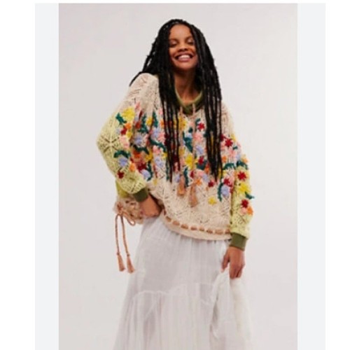 Free People Wild Meadow Pullover Pulli bestickt Kapuze Gr. Small Neu mit Etikett