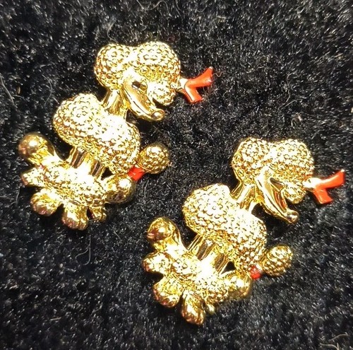 2 Set Vintage Gold Tone Poodle Brooch Pins W Red Bow - Picture 1 of 14