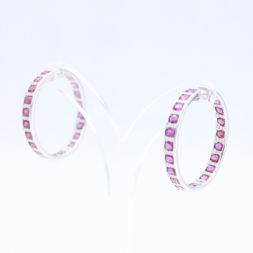 Statement 14.15 TCW Natural Ruby & Diamond Inside Out Hoop Earrings in 14K Gold - Picture 5 of 9