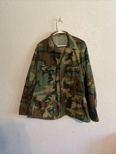 L Vintage Long Sleeve Military Jacket Mens Button Pocket Ripstop Woodland Used - Picture 2 of 7