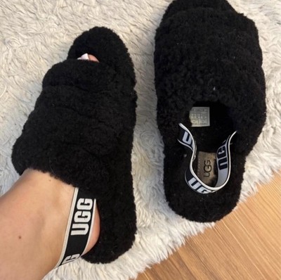 UGG Fluff Yeah Black Faux Fur Slide Slippers Women s US 7 Open Toe Logo
