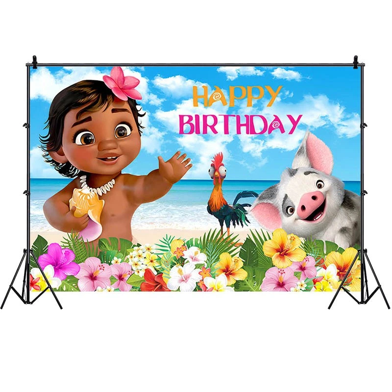 Baby Moana Backdrop Flower Beach Happy Birthday Party Photo Background Banner - Image 3 of 4