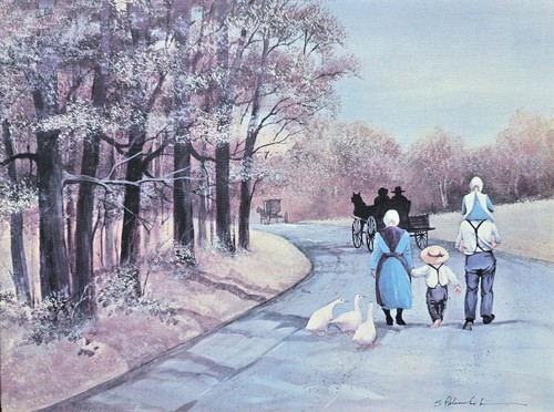 Vintage Mark Polomchak Signed Print Family Stroll Amish Pennsylvania Dutch USA - Picture 3 of 7