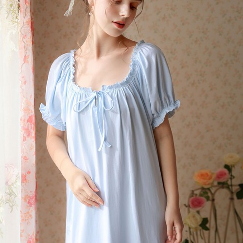 Damen Baumwolle Viktorianisch Nachthemd Kurzarm Weich Rüschen Pyjama Schlafkleid - Bild 6 von 32