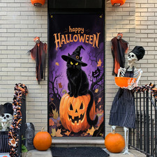 Happy Halloween Decorations Black Cat Trees Pumpkin Door Cover Banner 35X79"