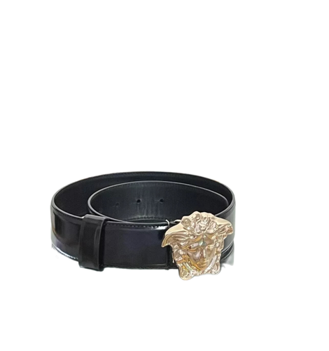 Black Patent Leather Belt w/3D Light Gold Tone Medusa Buckle 75/30* - Picture 4 of 7