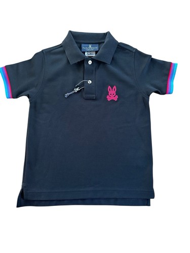 NWOT Psycho Bunny Boys Polo Shirt Size S Black Pink Bunny Logo Pima Cotton Peru