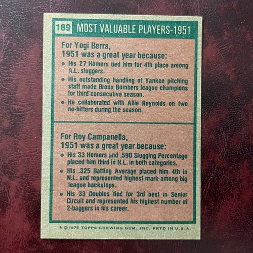 1975 Topps Set YOGI BERRA ROY CAMPANELLA 1951 MVPs #189 YANKEES DODGERS NR-MINT - Picture 2 of 2