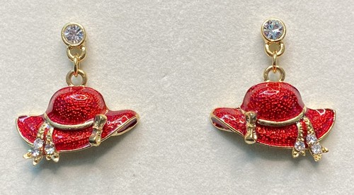 Lady's Red Hats Pierced Earrings Gold Tone Enamel and Rhinestones - Picture 2 of 6