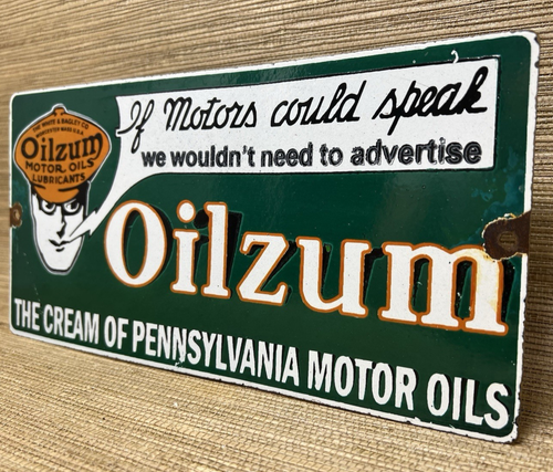LETRERO DE PORCELANA DE ACEITE DE MOTOR OILZUM DE COLECCIÓN METAL BLANCO Y BAGLEY GASOLINERA EE. UU. - Imagen 11 de 12