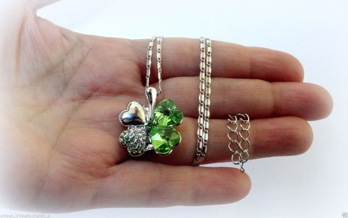 GREEN CRYSTAL SHAMROCK FOUR 4 LEAF CLOVER NECKLACE PENDANT~ST PATRICKS DAY GIFT - Picture 7 of 11