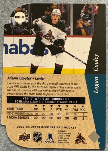 Logan Cooley 2023-24 Upper Deck Series 2 #RDT-18 Rookie Die Cut Gold - Picture 2 of 2