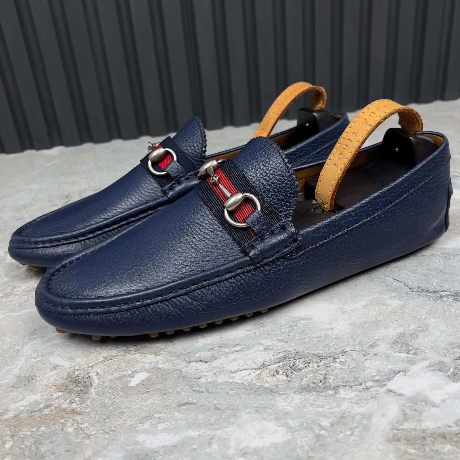 Mocassins GUCCI Web Horsebit conduite cuir bleu grainé 9 G ou 9,5 US
