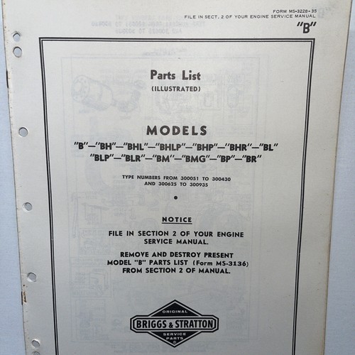 Vintage Briggs Stratton Illustrated Parts List Models B To BR 300625-300935