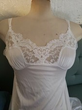 SILKY Vintage VASSARETTE Smooth Satin NYLON Full Dress SLIP Lace WHITE M 36 USA