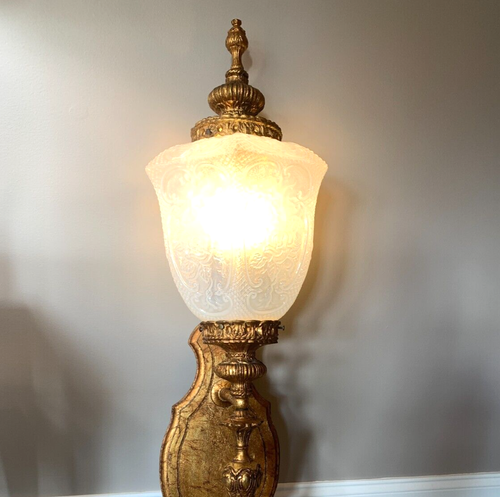 Antique vintage French Wall Sconce Light Large 42" Wood Plaque Glass Globe Roses - Picture 23 of 24