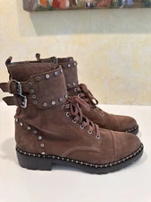 SAM EDELMAN Jennifer Studded Suede Combat Ankle Boot 8.5 M Dark Taupe Zip& Lace