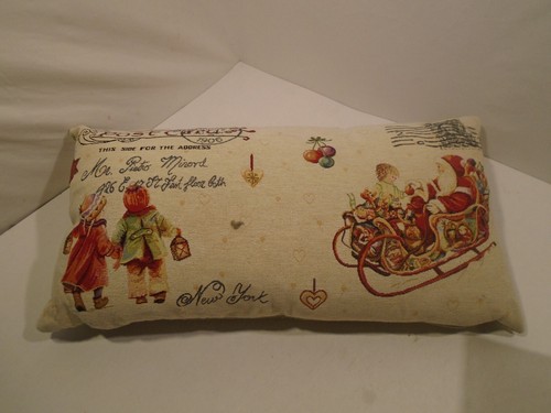 Christmas Pillow Tapestry /Velvet Beige Sleigh Hearts santa Children 26" x14" - Picture 4 of 5