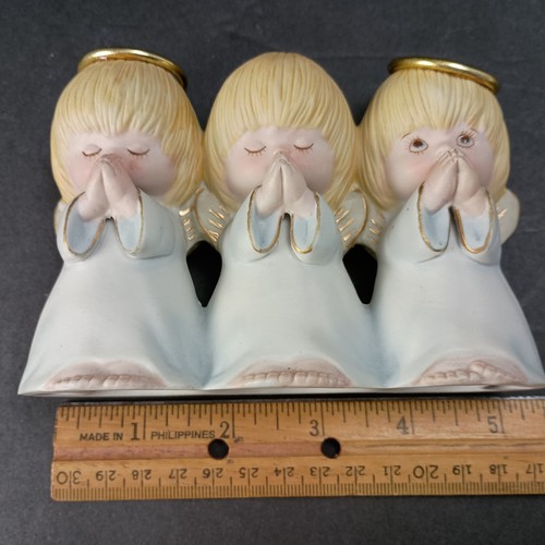 Statuine vintage tre angeli in preghiera cattive ceramiche storte aureola Thailandia sbirciare - Foto 11 di 12
