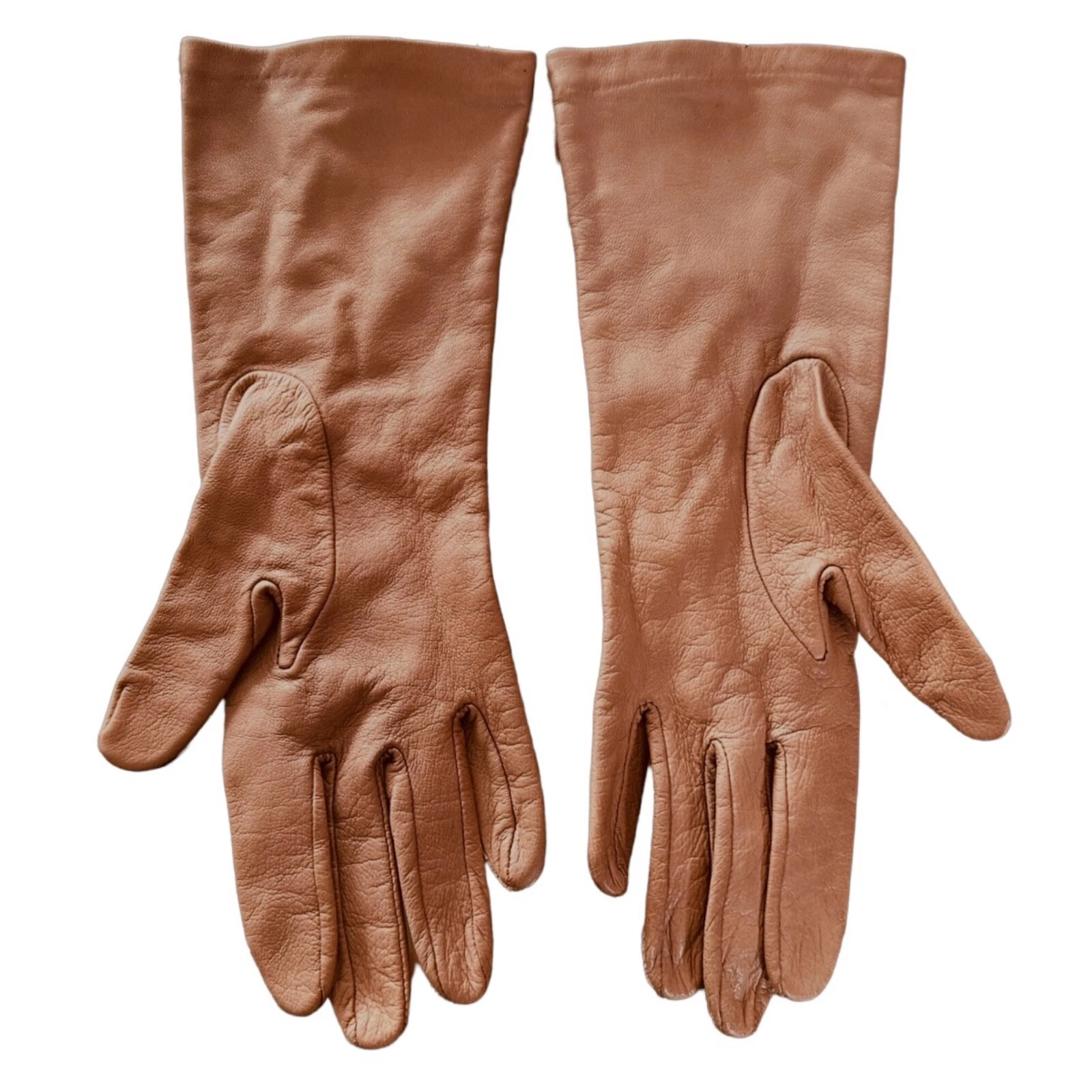 Women’s Beige Leather Gloves Sz 6.5 (S) Silk Lining