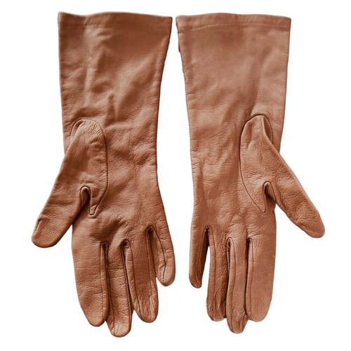 Women’s Beige Leather Gloves Sz 6.5 (S) Silk Lining - Picture 1 of 3