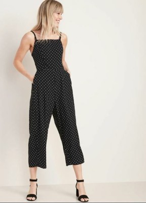 Old Navy Xxl Jumpsuit Polka Dot Black Square Neck Crop Adjustable Strap Smocked Ebay