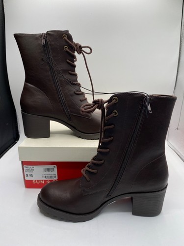 Sun + Stone Women's Choco Sheilaa Lace Up Zip Lug Combat Booties Size 8M NIB