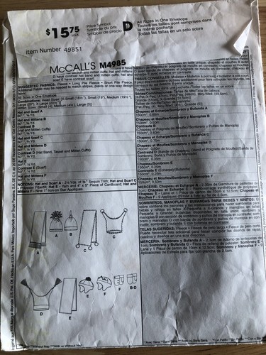 McCall's 4985 Mützen, Fäustlinge & Schals Muster Säuglinge & Kleinkind Gr. Stoff Inc - Bild 2 von 6