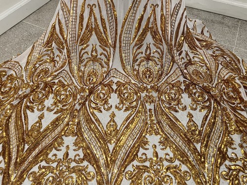 Gold White  4way stretch sequins Embroidery Mesh Lace fabric 50” Width 1 Yard - Picture 4 of 4