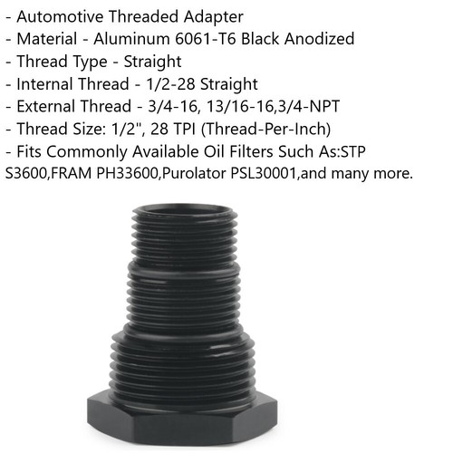 1Pc Automotive Threaded Oil Filter Adapter 1/2-28 to 3/4-16, 13/16-16, 3/4NPT - Picture 2 of 4