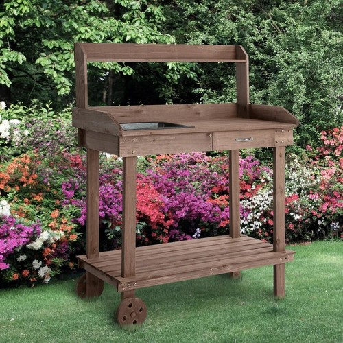 New Rolling Brown Potting Bench Garden Work Table Outdoor Wood Planting Station - Picture 4 of 9