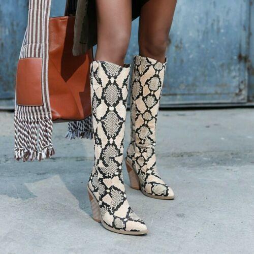 Snakeskin Women's Knee High Boots Pointed Toe Shoes Block Heel Slip On Oversize - Bild 5 von 16