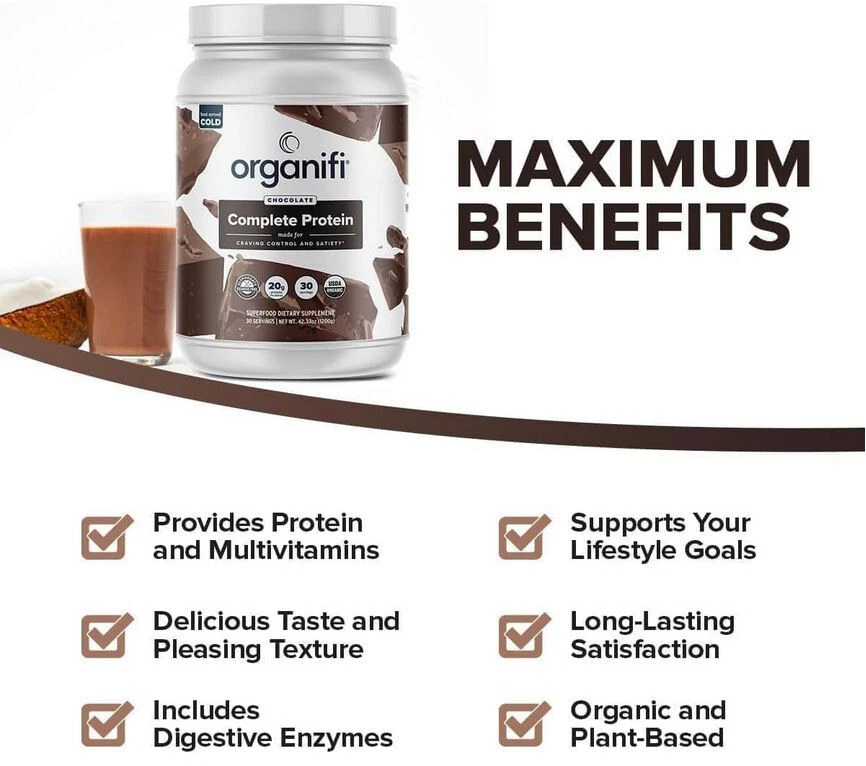 Organifi Completo Proteína Sabor Chocolate - Orgánico Vegano A Base de Plantas - 30 Porciones. Foto 4 de 4