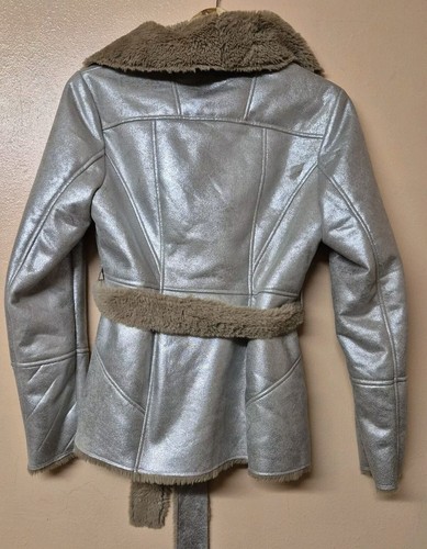 Guess Jacket Coat Gold Glitter Faux Fur Lined Belted Shearling StyleSize Small - Picture 2 of 9