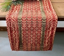 New Primitive CHRISTMAS RED GREEN COVERLET TABLE RUNNER Woven Topper 32"