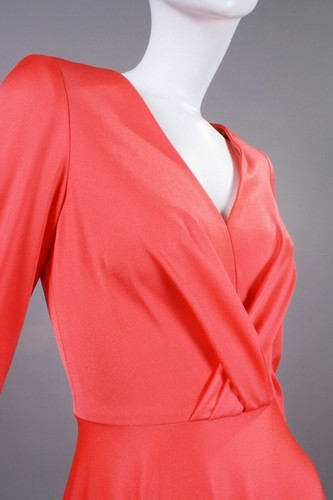 S Vintage 1970s Watermelon Pink Silky Maxi Dress Cocktail Party Long Sleeve 70s - Picture 7 of 13