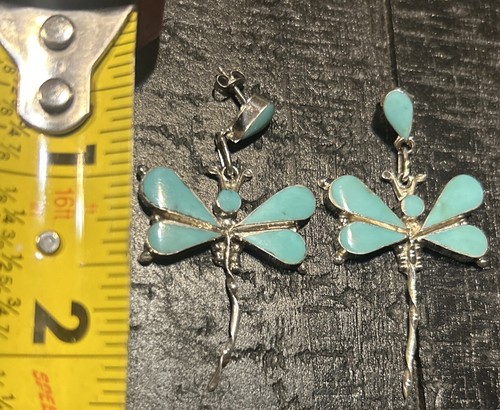 Zuni Indian Jewelry Sterling Silver Dragon Fly Earrings| Turquoise| Dragonfly - Picture 2 of 5