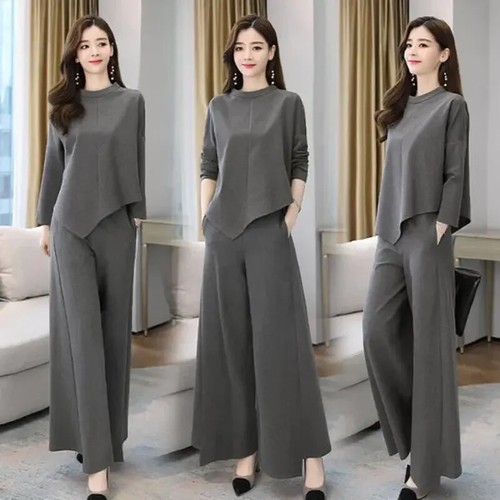 2pcs Womens Round Neck Long Sleeves Asymmetric Tops Loose Wide Legs Pants Suits - Picture 19 of 27