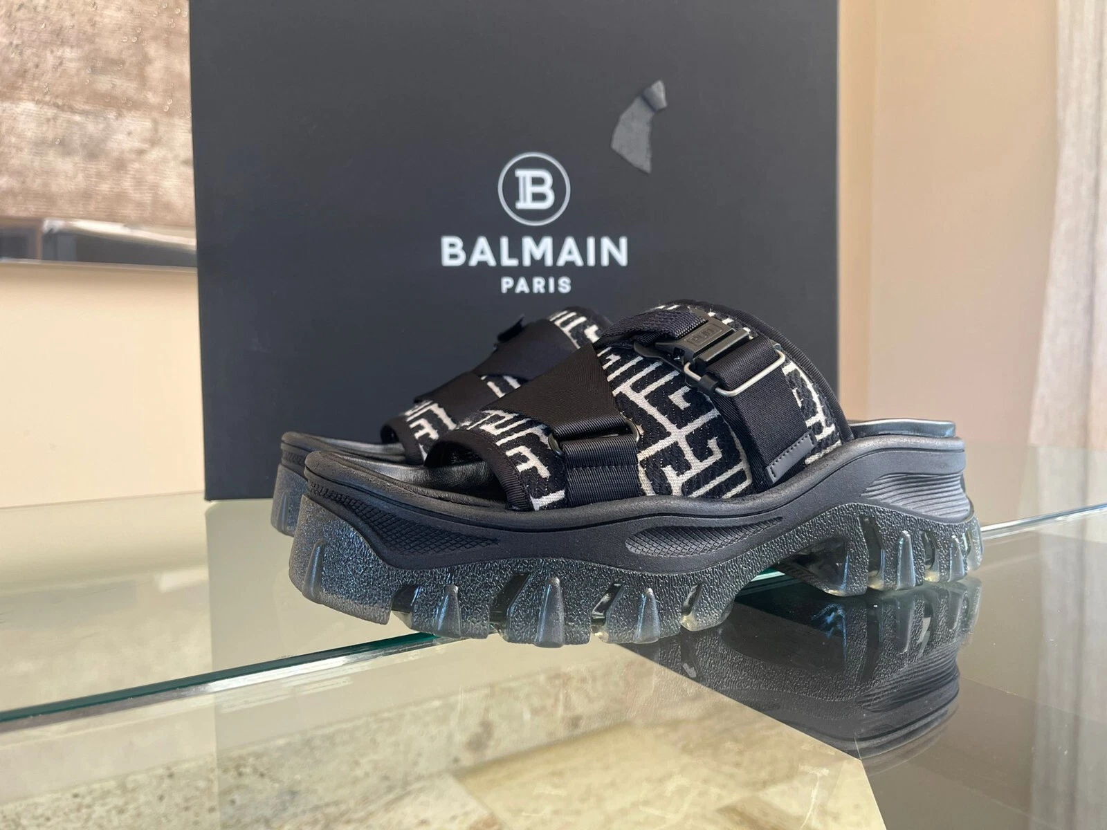 Balmain — Balmain , Logo Strap Chunky Sole Mule Sandals in Black , BNWB 42
