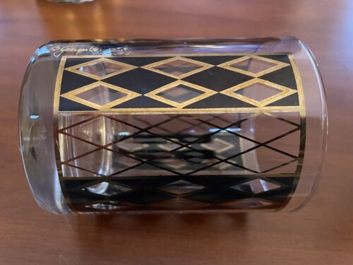 Lot (2) Georges Briard Black Gold Diamond Low Ball Barware Glasses - Picture 3 of 4
