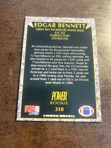 π1992 Pro Set Power Edgar Bennett Rookie #310 Green Bay Packers C141 - Picture 10 of 12