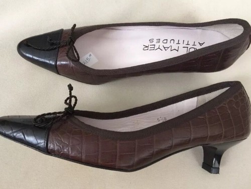 PAUL MAYER ATTITUDES Brown/Black Leather Croc Embossed Kitten Heel Sz 5.5 Shoes - Picture 2 of 6