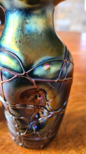 Antique Pair Iridescent Aubergine Threaded Glass Art Glass Vases, Pallme Konig - Picture 7 of 16