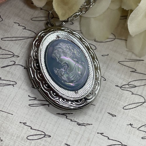Silver Birthday Locket Blue Pearl Lady Victorian Maiden Necklace Gift Mom Unique - Picture 8 of 17
