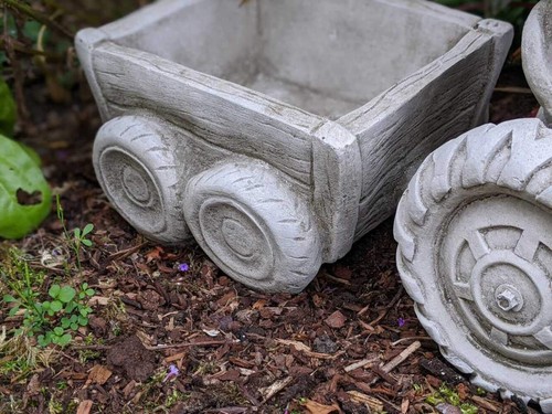 Boy & Dog on Tractor with Small Trailer Garden Planter Set Concrete Cast Statue - Picture 8 of 8