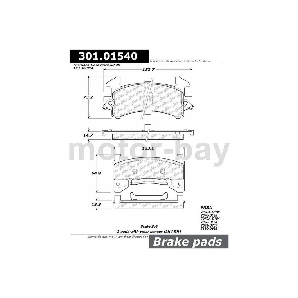 前后刹车片适用于五十铃 1998 1999 2000 陶瓷垫 Centric — 第 3/4 张图片