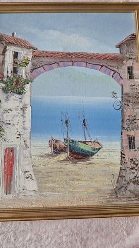 Dipinto ad olio villaggio mediterraneo su tela incorniciato senza vetro, firmato da artista - Foto 8 di 12