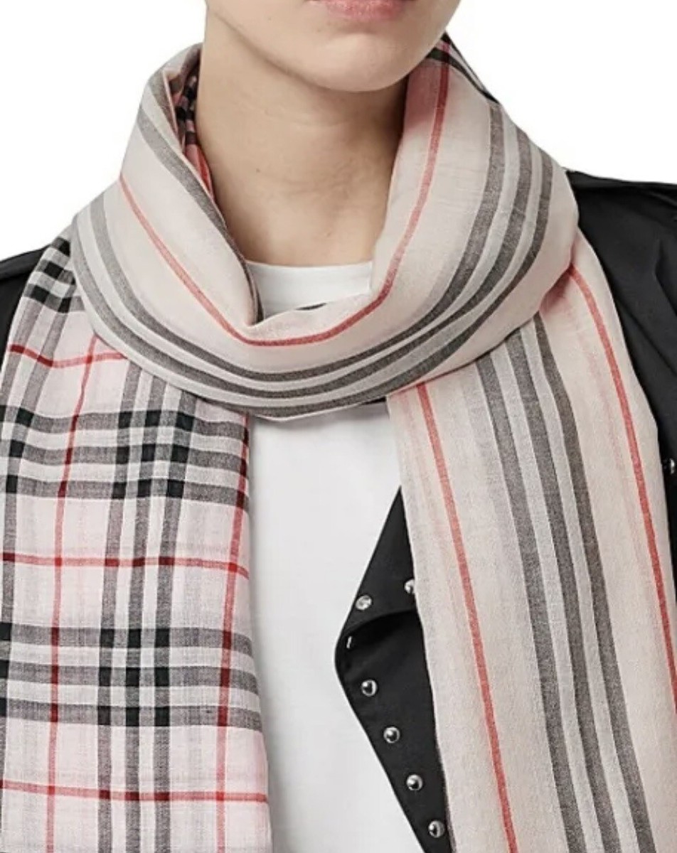 NEW Burberry Print Check To Stripe Wool/Silk Gauze Oblong NEW Burberry Print Check To Stripe Wool/Silk Gauze Oblong
