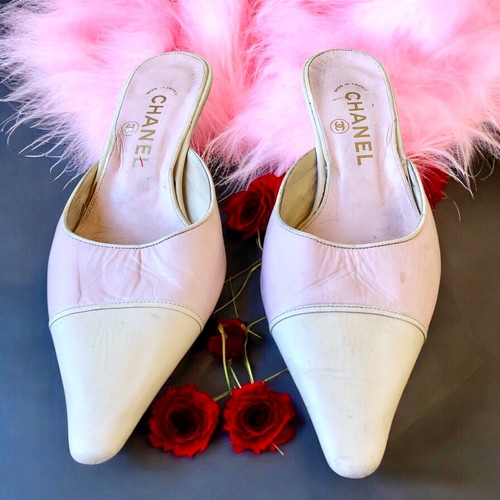 CHANEL Vintage Pump Kitten Heels Pink Cream Mule Snip Toe Womens 37 7 ALTERED - Picture 5 of 20