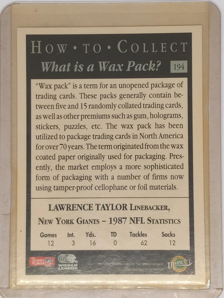 1992 Lawerence Taylor Ultimate World League of American Football-How to Collect - Image 2 of 2
